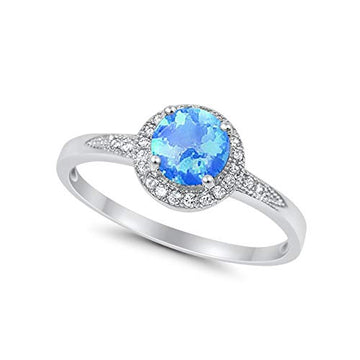 Halo Wedding Ring Round Lab Created Blue Opal 925 Sterling Silver